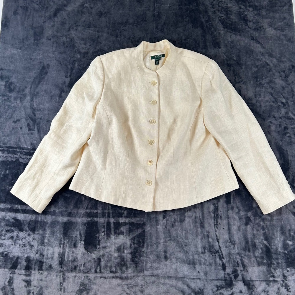 Lauren Ralph Lauren Blazer Women 18W Cream Linen Herringbone Mandarin Collar